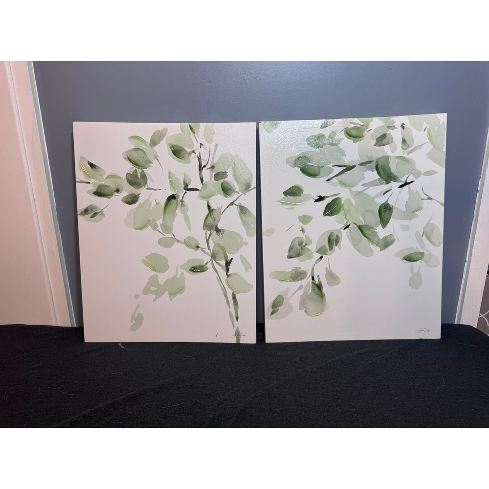 Katie Pertiet Botanical Canvas Wall Art Set 2 Piece Sage Green Leaves 16x20
